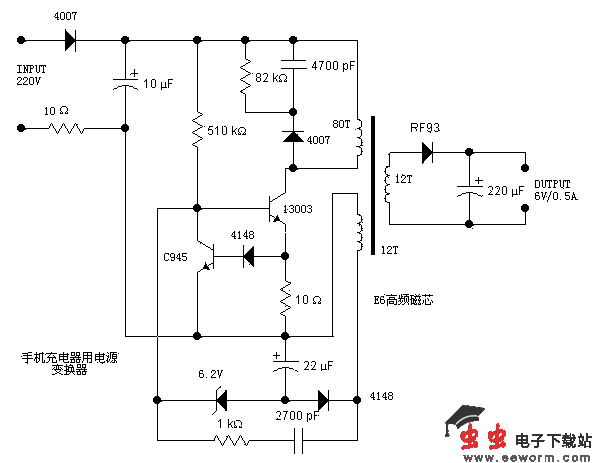 对于市场上到处可见的手机充电器,万能充不断的增多,但质量又不是很高,经常会出现问题,扔了可惜,故教大家几招分析手机充电器原理的分析,希望能给大家修理带来些帮助。分析一个电源,往往从输入开始着手。220V交流输入,一端经过一个4007半波整流,另一端经过一个10欧的电阻后,由10uF电容滤波。这个10欧的电阻用来做保护的,如果后面出现故障等导致过流,那么这个电阻将被烧断,从而避免引起更大的故障。右边的4007、4700pF电容、82K电阻,构成一个高压吸收电路,当开关管13003关断时,负责吸收线圈上的感应
