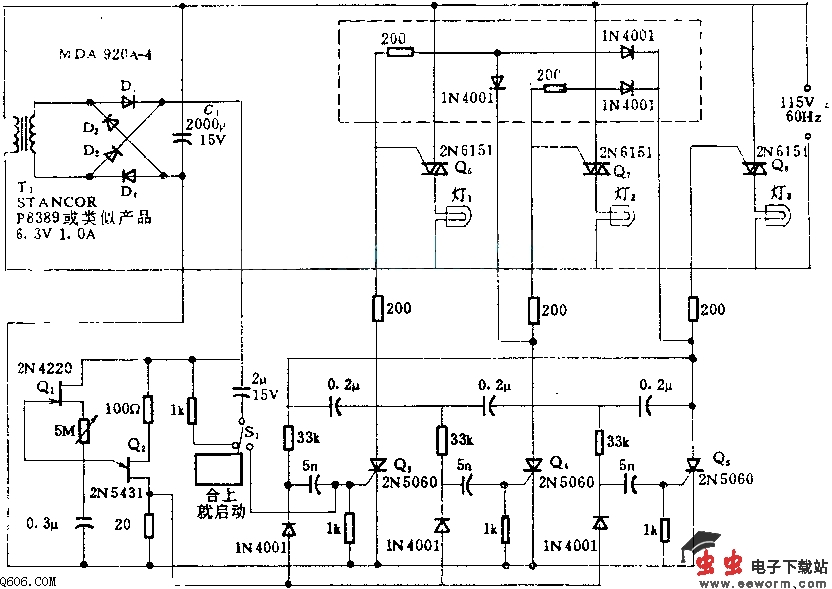 Q3、Q4、Q5电路部分构成环形计数器,三端双向可控硅Q6~Q8的控制极为它的负载。3个白炽灯依次发亮,在通常情况下每次只有一个灯亮。脉冲频率可以进行调节,使得换灯的速度可以是0.1~8次/秒。如果增加虚框中的电路,在下一个灯通电发亮时,先亮的灯仍然不灭。