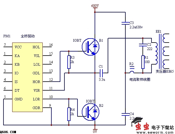 开关电源驱动器PM4040F在中小功率半桥电路的应用如下图:采用PM4040F来驱动一个200W到800W的开关电源可以参考下面的电路图,其他电路部分请PM4040F的实用电路。如果是1000W以下的电源方案可以按该电路的方法, 将不使用的驱动输出组悬空可以使驱动器的直流供电 电流减少一半。 在这里的驱动能力是可以直接驱动100A的IGBT管子 或者60A的MOS管子,对付1000W的电源是完全胜任的。