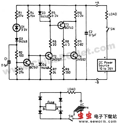 该电路的电压范围是10~36v的直流电,延迟时间大约0.1秒._电路图分享 本电路适用于直流供电过流保护,如各种电池供电的场合。 如果负载电流超过预设值,该电子保险将断开直流负载。重置电路时,只需把电源关掉,然后再接通。该电路有两个联接点(A、B标记),可以连接在负载的任意一边。 负载电流流过三极管T4、电阻R10和R11。A、B端的电压与负载电流成正比,大多数的电压分配在电阻上。 当电源刚刚接通时,全部电源电压加在保险上。三极管T2由R4的电流导通,其集电极的电流值由下式确定:VD4=VR7+0.