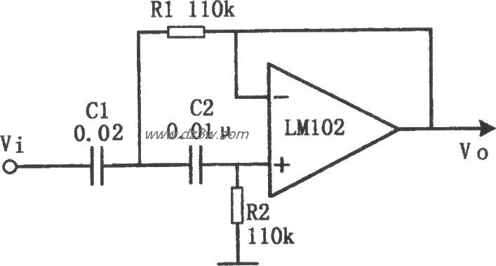 有源高通滤波器(LM102) 如图所示为有源低通滤波电路。该电路的截止频率fc=100Hz。电路中,R1与R2之比和C1与C2之比可以是各种值。该电路采用R1=R2和C1=2C2。采用C1=C2和R1=2R2也可以。