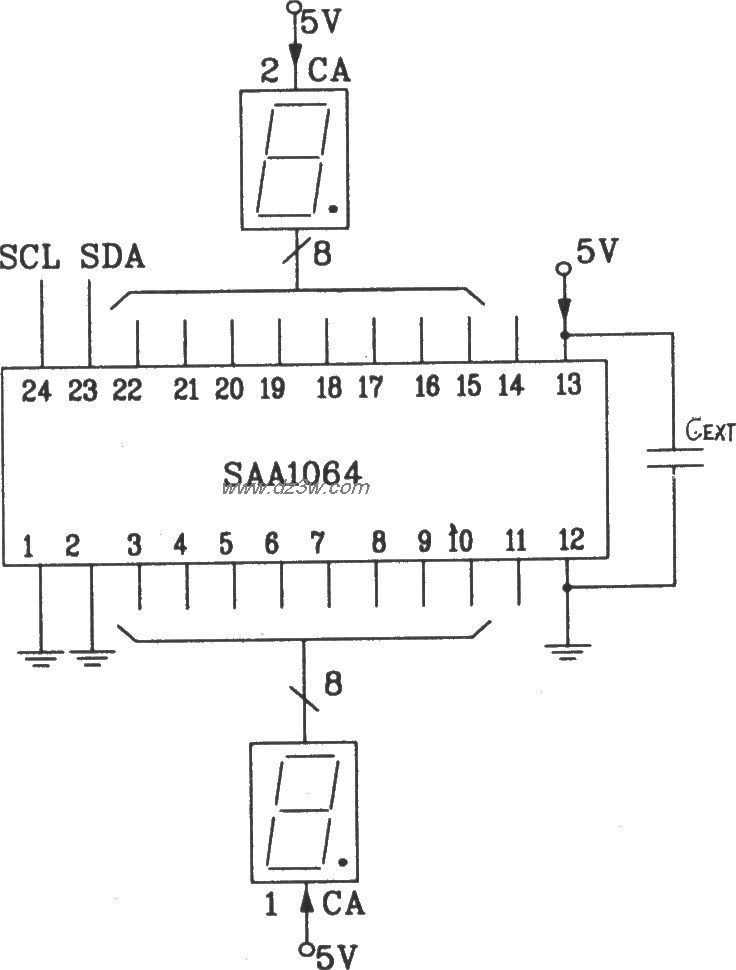 SAA1064串行I2C总线LED显示驱动集成电路静态驱动接口电路 SAA1064串行I2C总线LED显示驱动集成电路静态驱动接口电路在静态工作方式下,LED不须加外部驱动而直接用两个8位输出口驱动。由于静态驱动不须时钏来切换扫描电路,所以图中外接电容端CEXT直接接地或接Vcc。Vcc与VEE端加去耦电容,一般取值为0.
