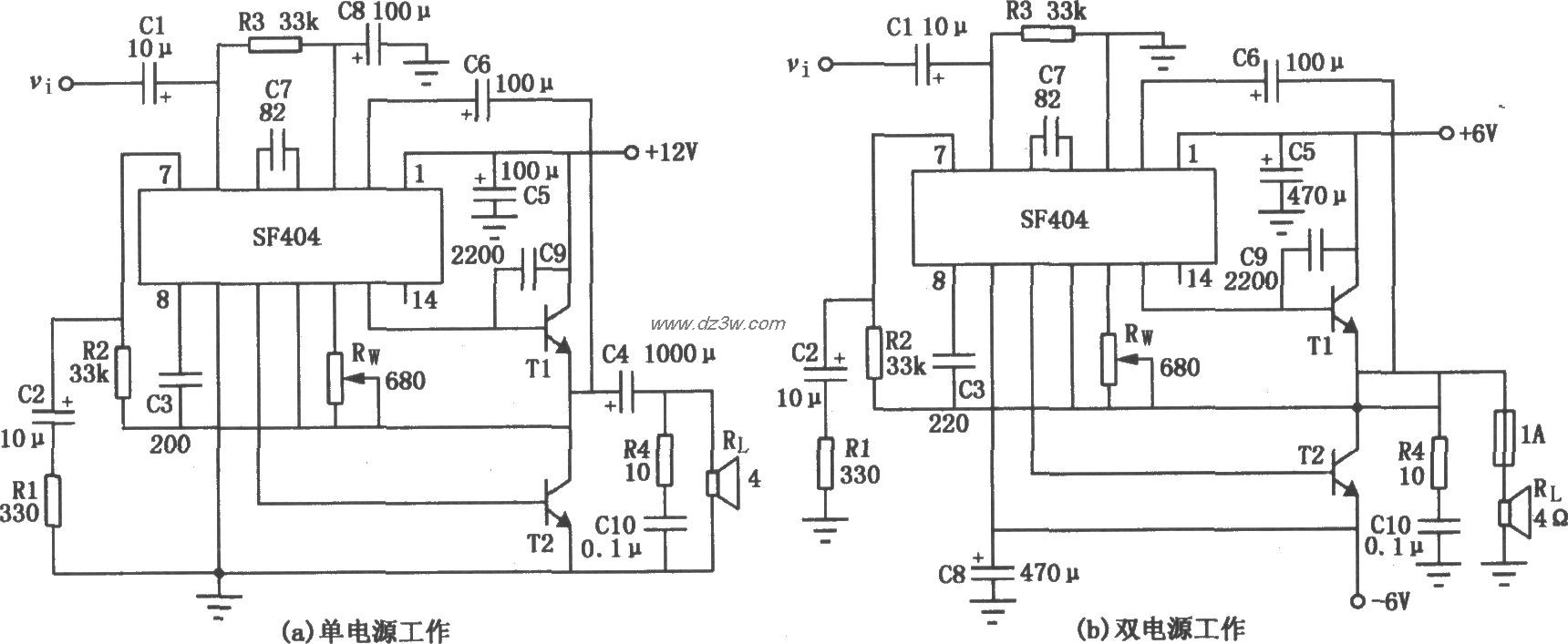 用SF404接成的OCL和OTL功放电路 SF404具有保真度高、驱动能力强、热稳定性好、电源电压适应范围宽、使用可靠等优点,在直流、交流、瞬变特性方面的性能都很好,而且外围元件连接灵活多变,能接成多种应用电路,如图所示。图(a)和图(b)所示电路为用SF404接成OCL和OTL功放应用电路。