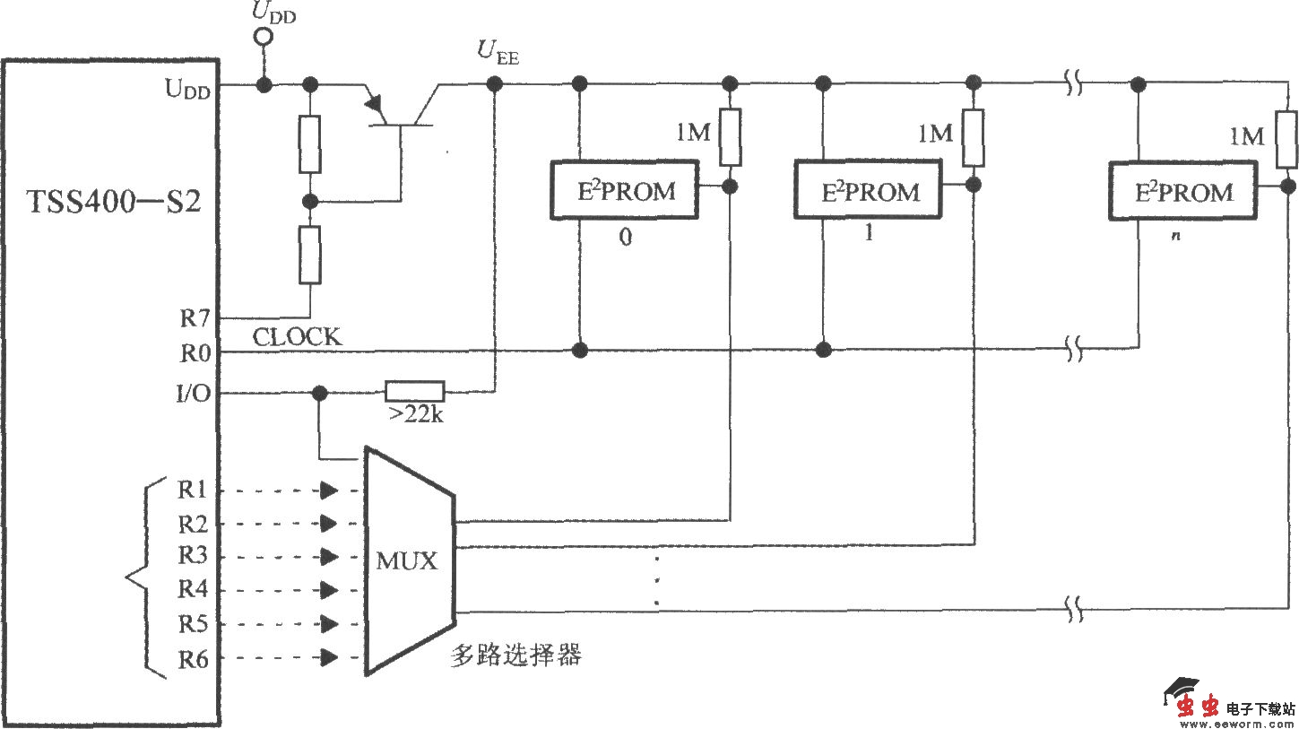 低功耗可编程传感器信号处理器TSS400-S2与E2PROM的接线图