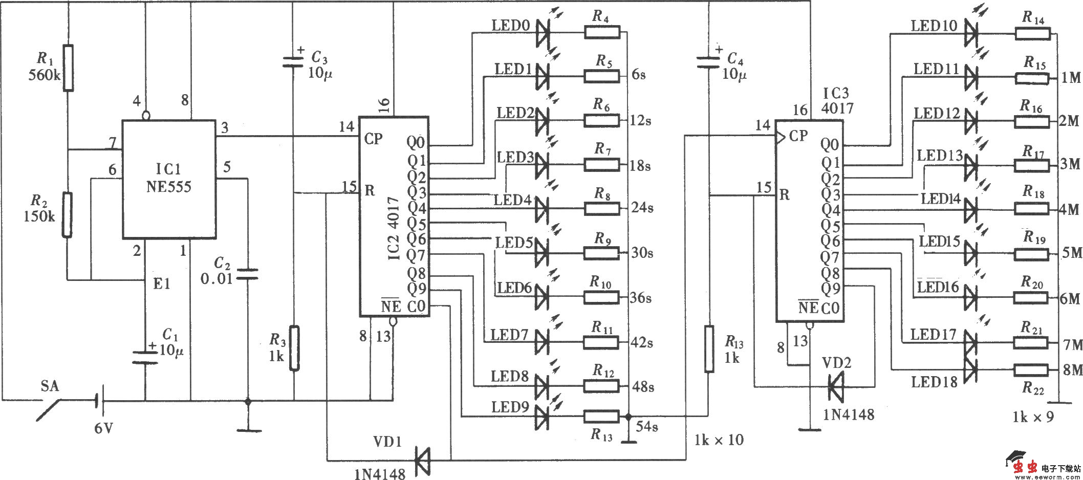 由NE555、CD4017构成的电话通话计时提醒器