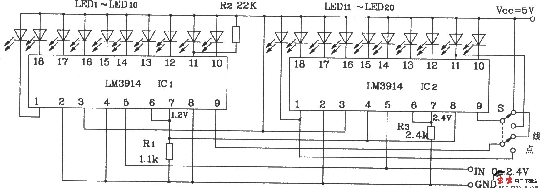 两块LM3914构成的20位LED点/线转换显示电路