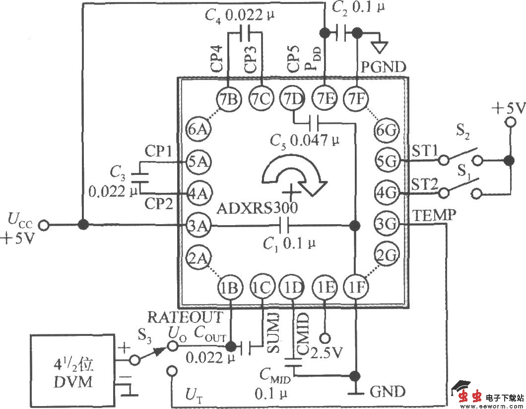 由单片偏航角速度陀螺仪ADXRS300构成的角速度测量仪的电路