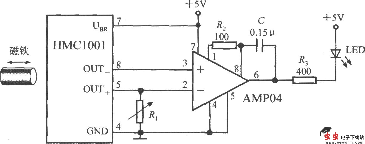 由集成磁场传感器HMC1001构成的接近开关电路