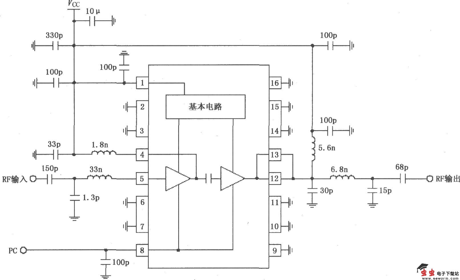 由RF2104构成的420MHz中功率放大器原理电路
