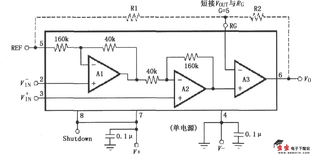 INA321／322的信号和电源的基本连接电路