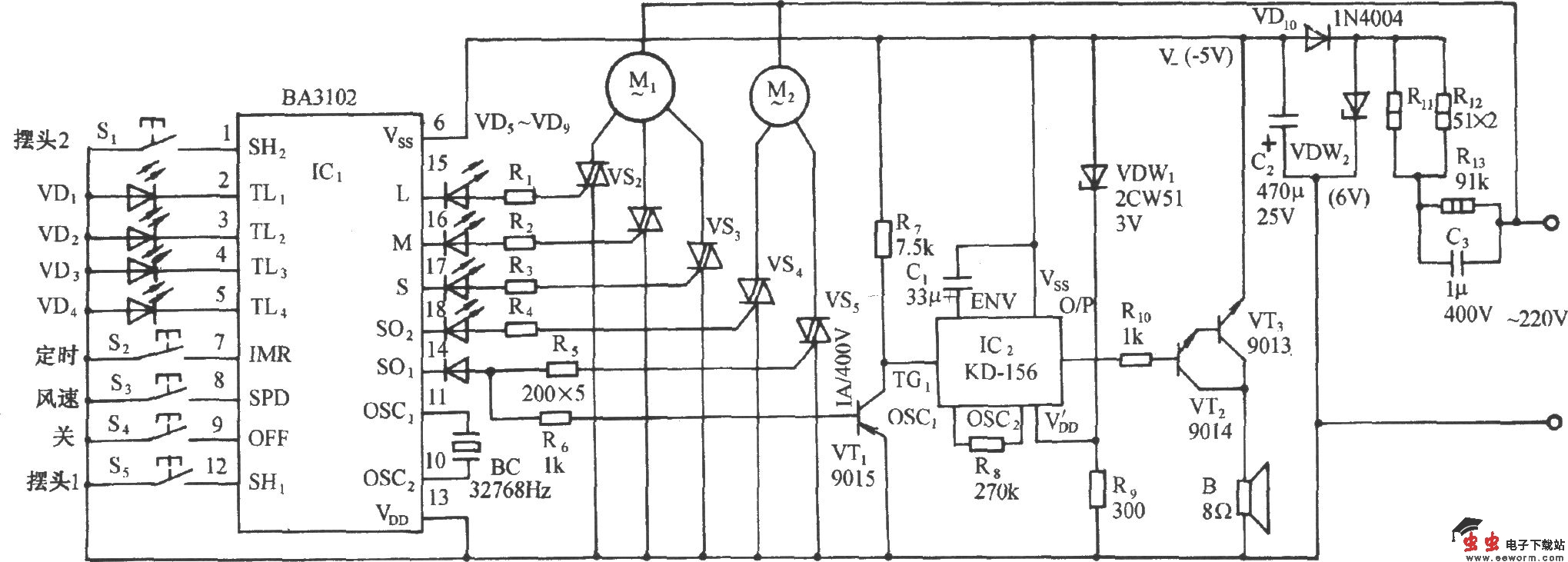 用BA3102的多功能电风扇伴鸟鸣声控制电路