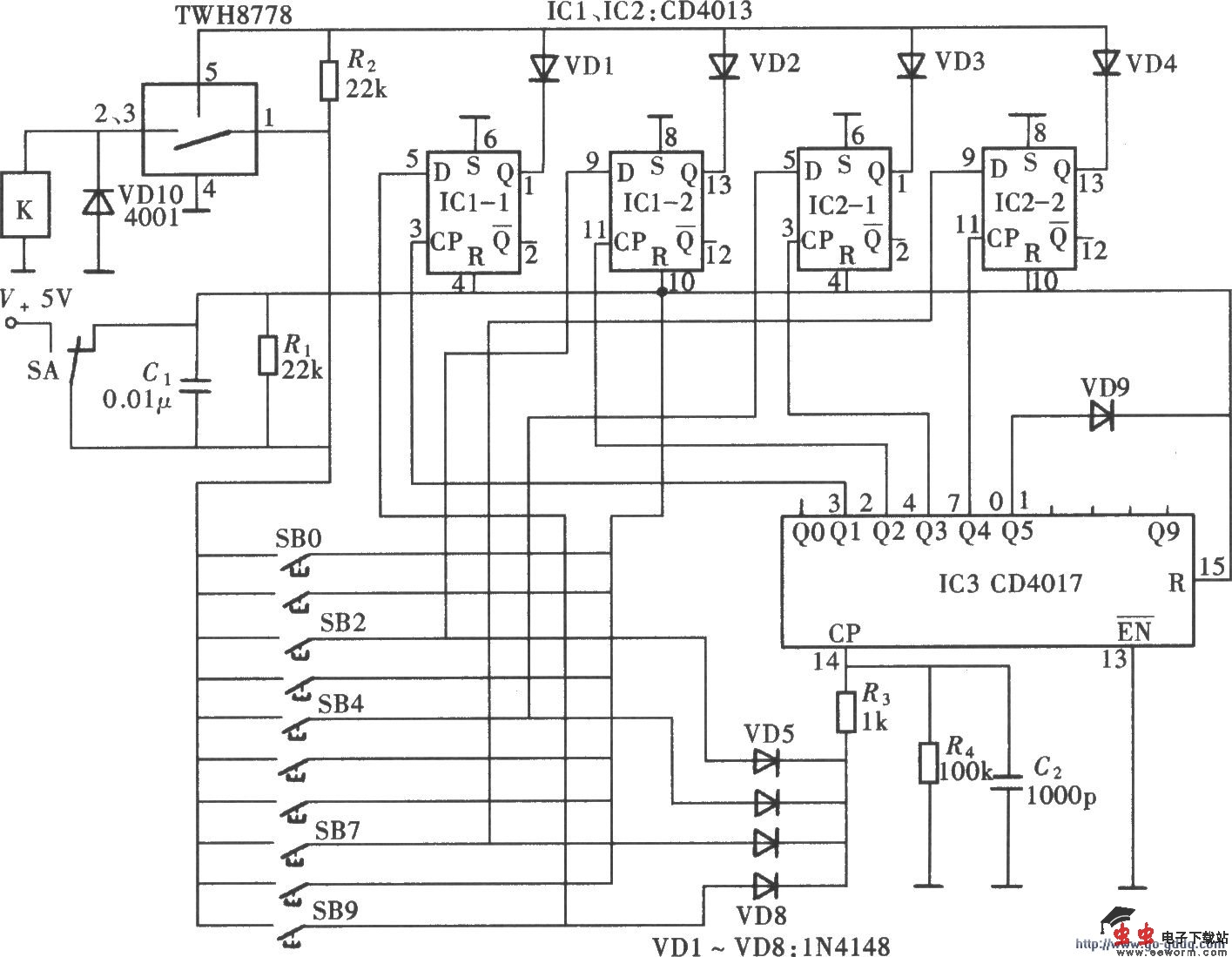 十位数字密码开关(CD4013、CD4017)