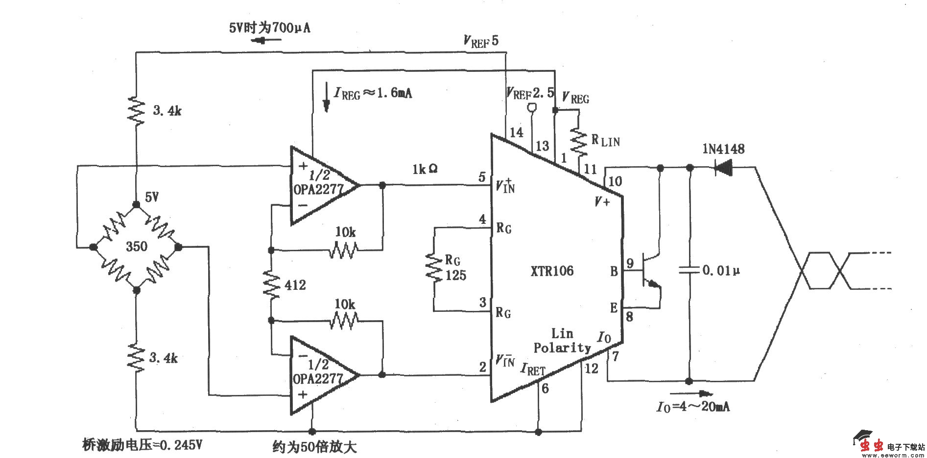 具有50倍预放大的电桥电路(XTR106)