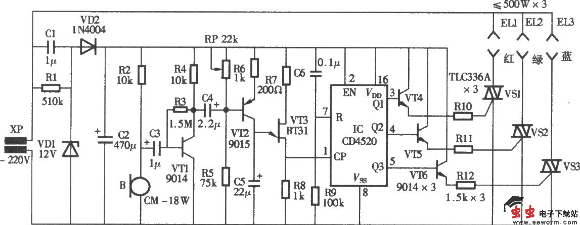 音乐循环彩灯控制器电路