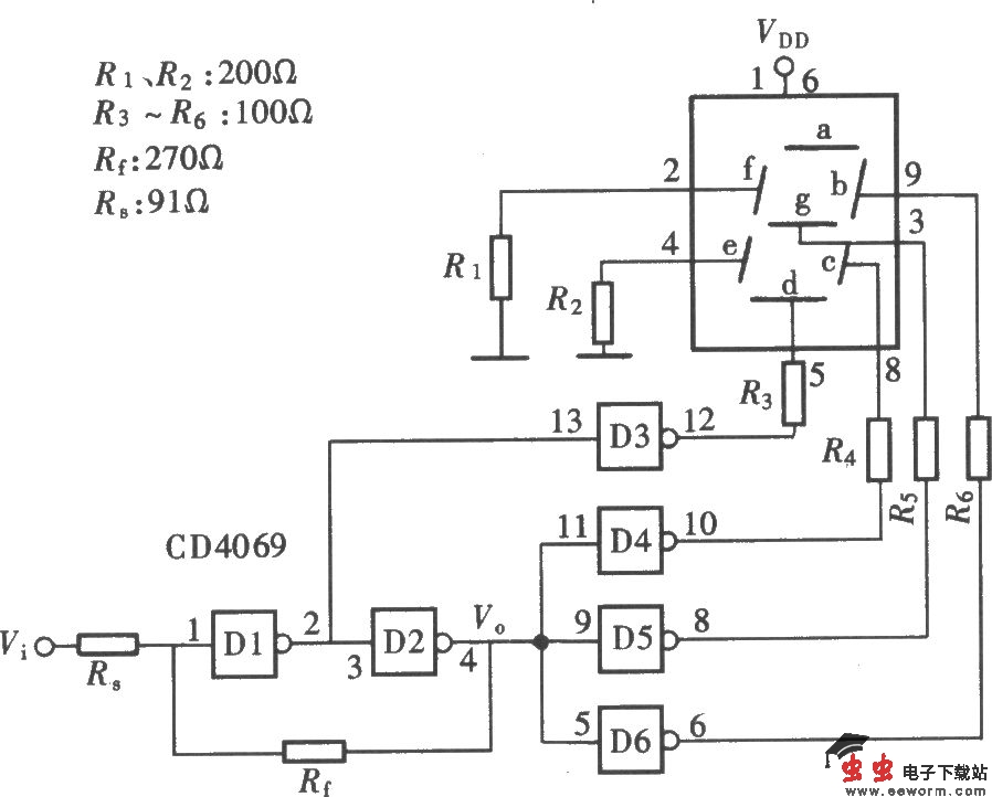 用门电路组成的文字显示型逻辑笔之三(CD4069)