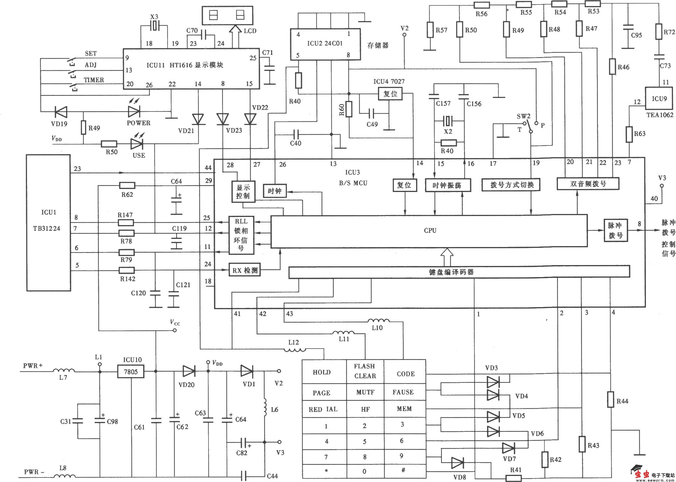 天时达HW838(4)P/TSD-lCD型无绳电话机主机微电脑控制电路