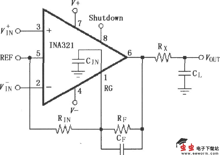采用反馈电容改进动态特性的INA321／322放大电路
