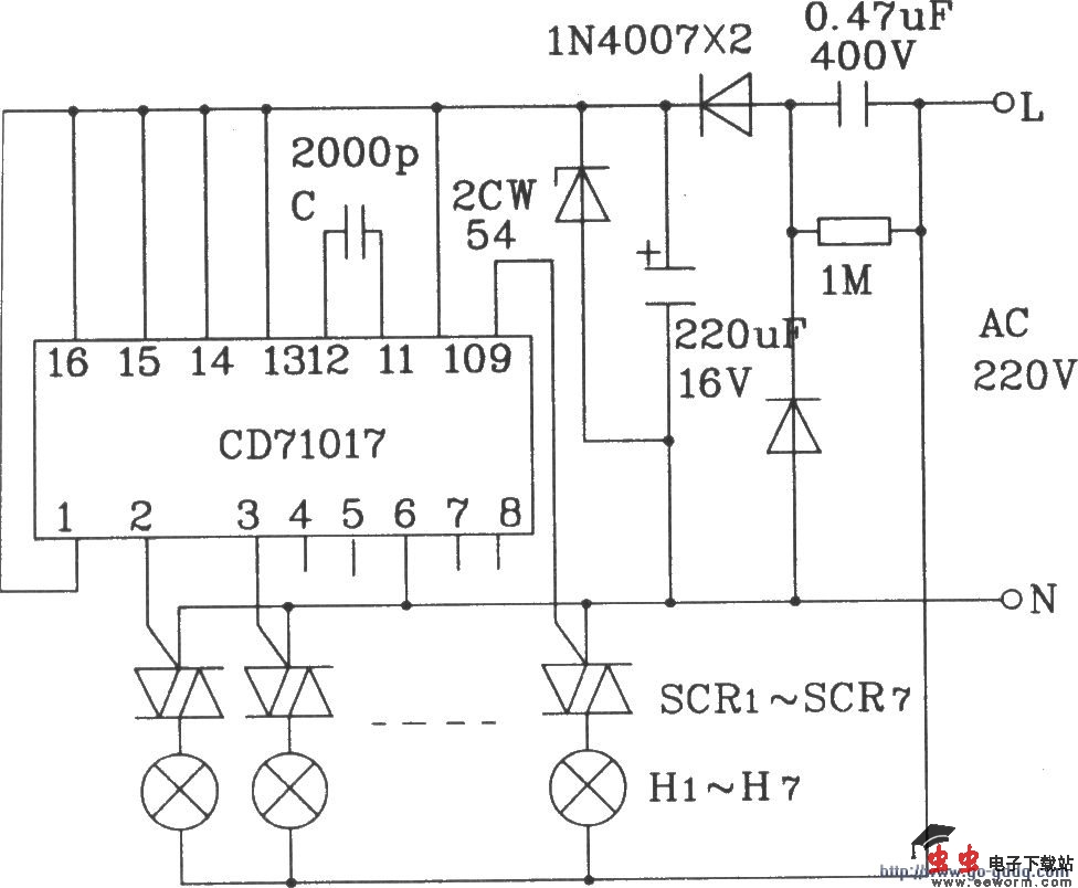 CD71017多功能程控闪光集成电路16脚封装驱动交流彩灯应用电路