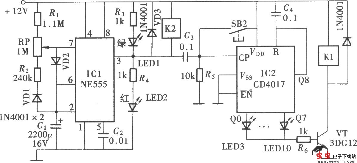 由NE555、CD4017构成的定时循环排气扇控制器