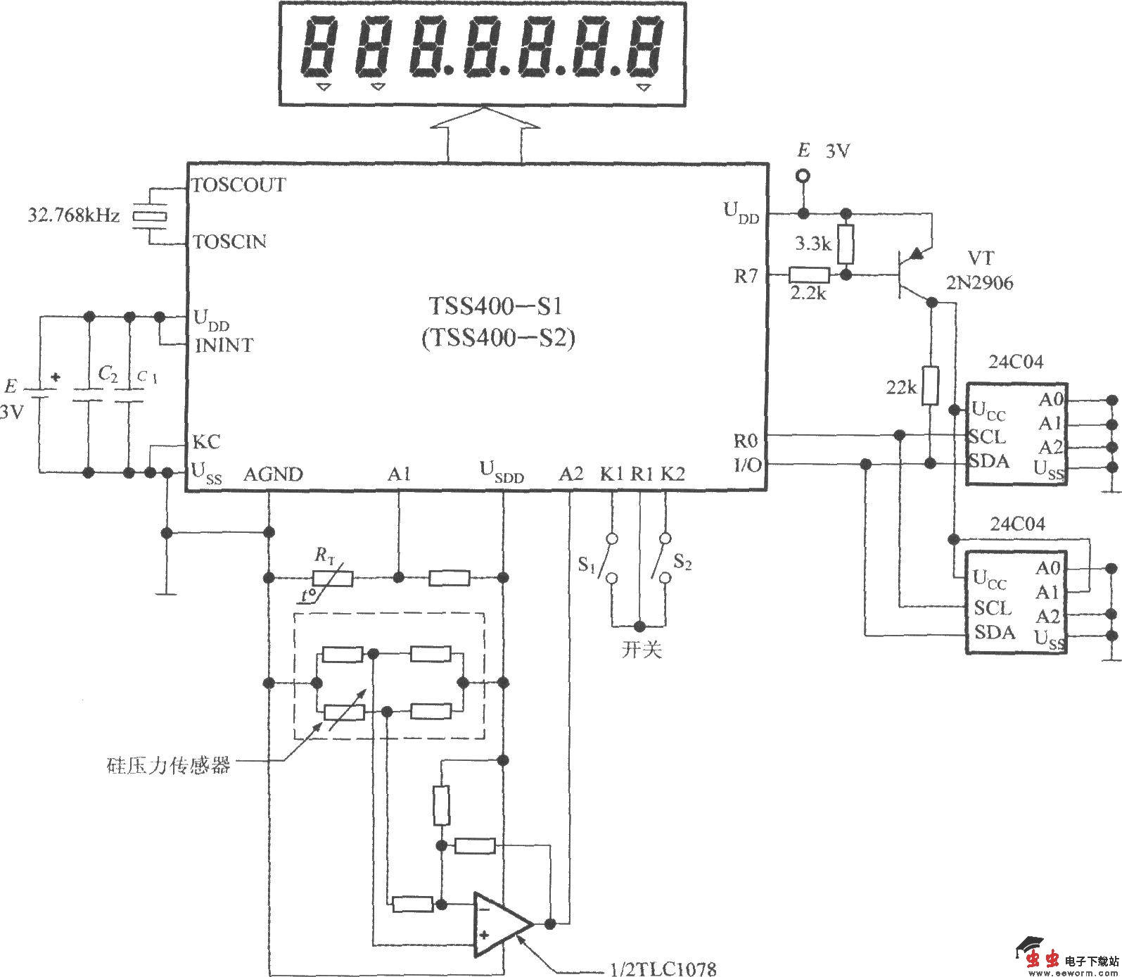 低功耗可编程传感器信号处理器TSS400-S1／S2的典型应用电路图