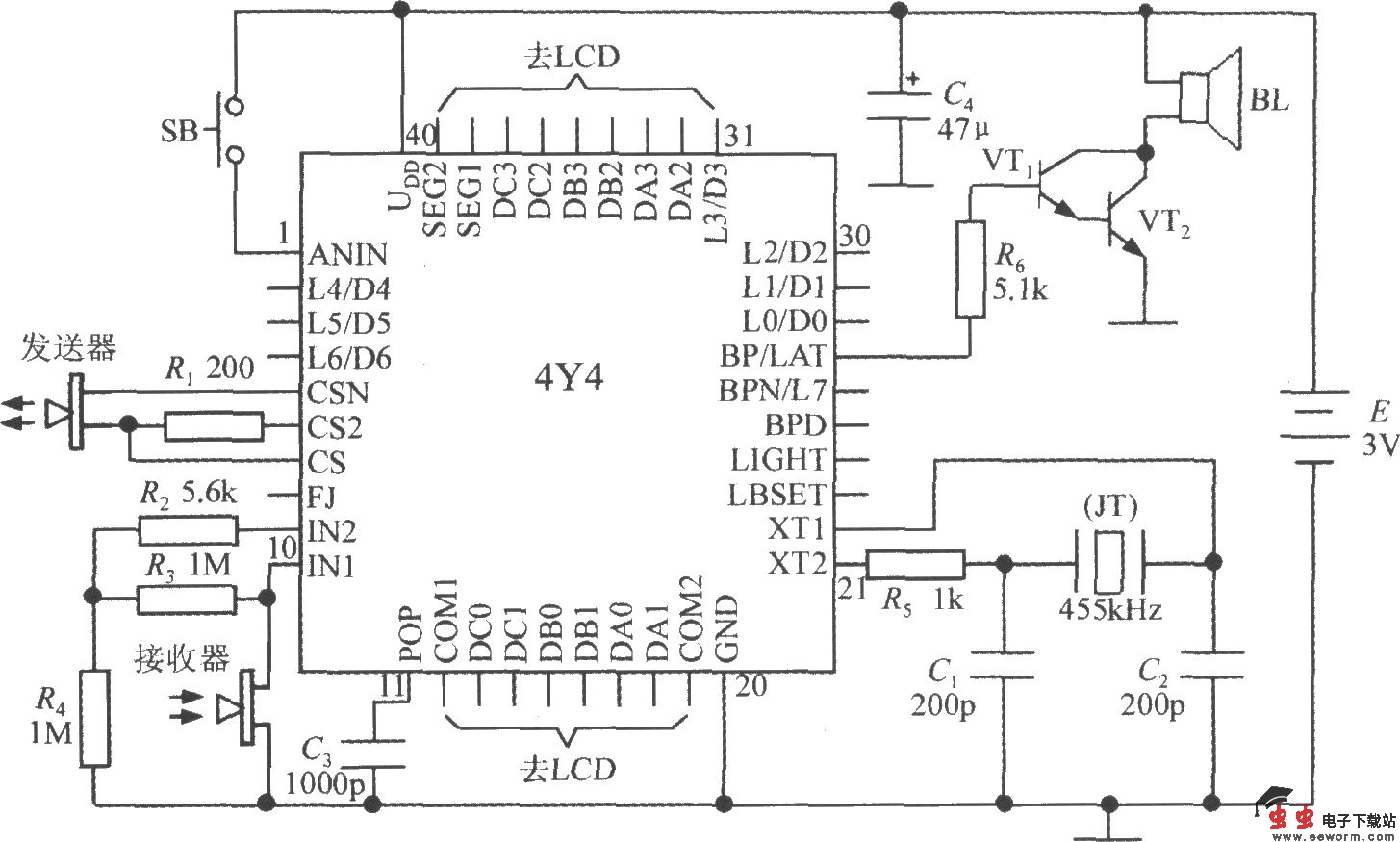 由智能化超声波测距集成电路4Y4构成单片液晶显示测距仪电路