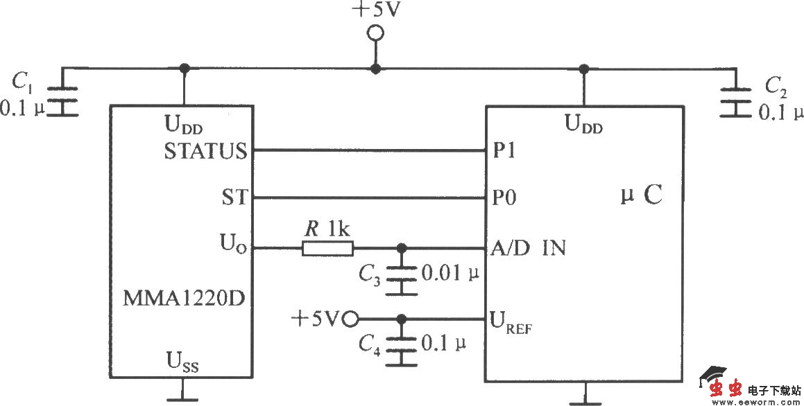 单片加速度传感器MMA1220D与单片机的接口电路