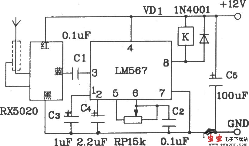 由RX5019/5020构成无线遥控发射、接收电路图