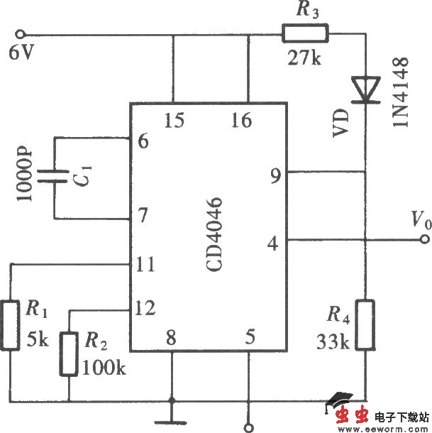 由CD4046组成的温度-频率变换电路