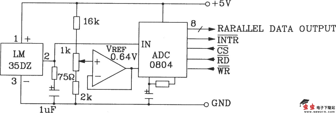 LM35DZ摄氏温度传感器构成温度量A／D转换为并行三态输出标准微机