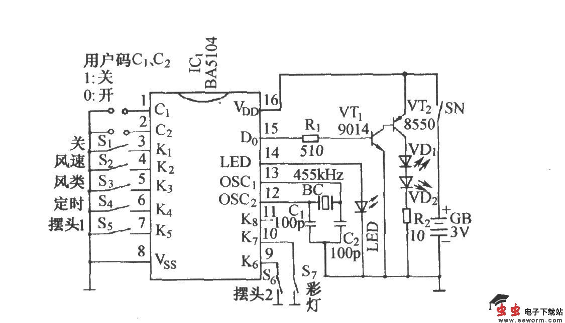 BA5104／BA8207K红外遥控多功能电风扇伴蟋蟀声控制电路