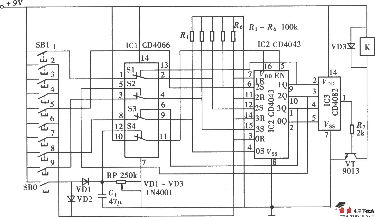 十位按键密码开关(CD4066、CD4043)