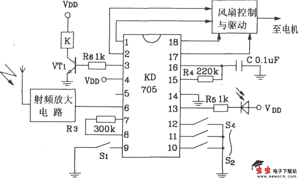 由KD704/KD705构成的射频遥控发射、接收电路图