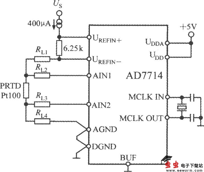 由5通道低功耗可编程传感器信号处理器AD7714与Pt100型铂热电阻(P