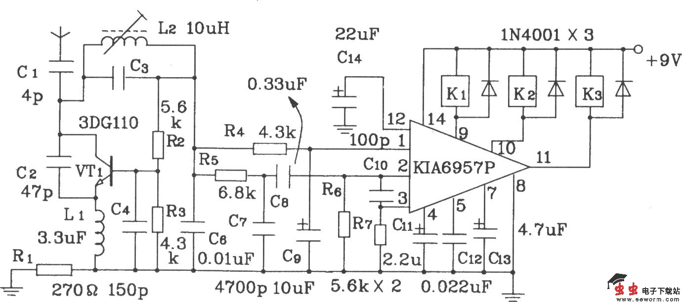 KIA6933S／6957P构成的四动作射频遥控发射、接收电路图