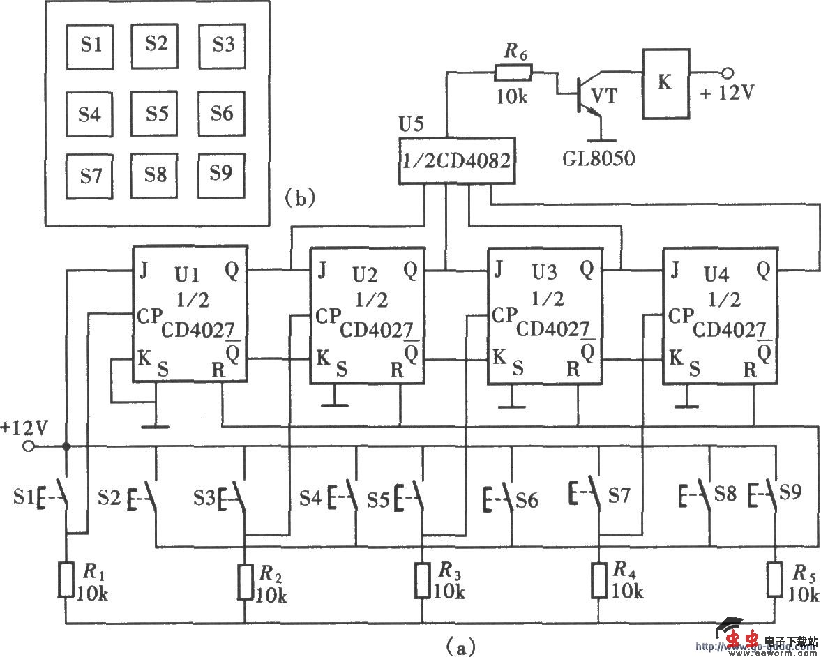 由CD4027组成的九位按键密码锁电路