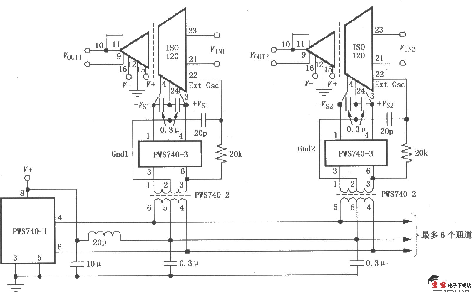由ISO120与PWS740构成的多通道同步隔离系统