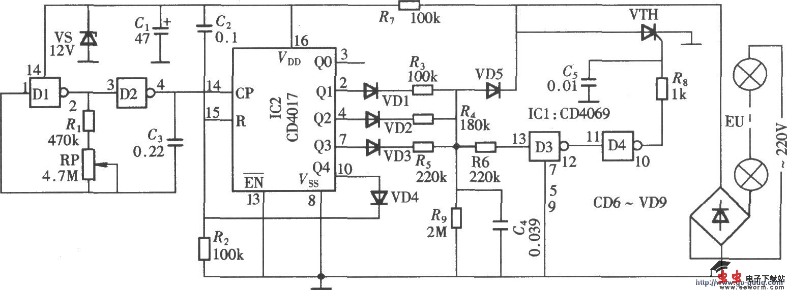 由CD4017构成的新颖的彩灯闪烁控制器