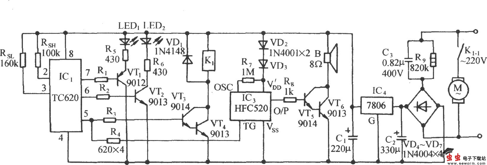 采用TC620温度传感器的计算机机房温控电路