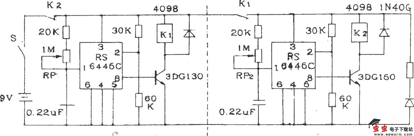 由两块RS6445C长时间定时集成电路构成的间歇定时器电路