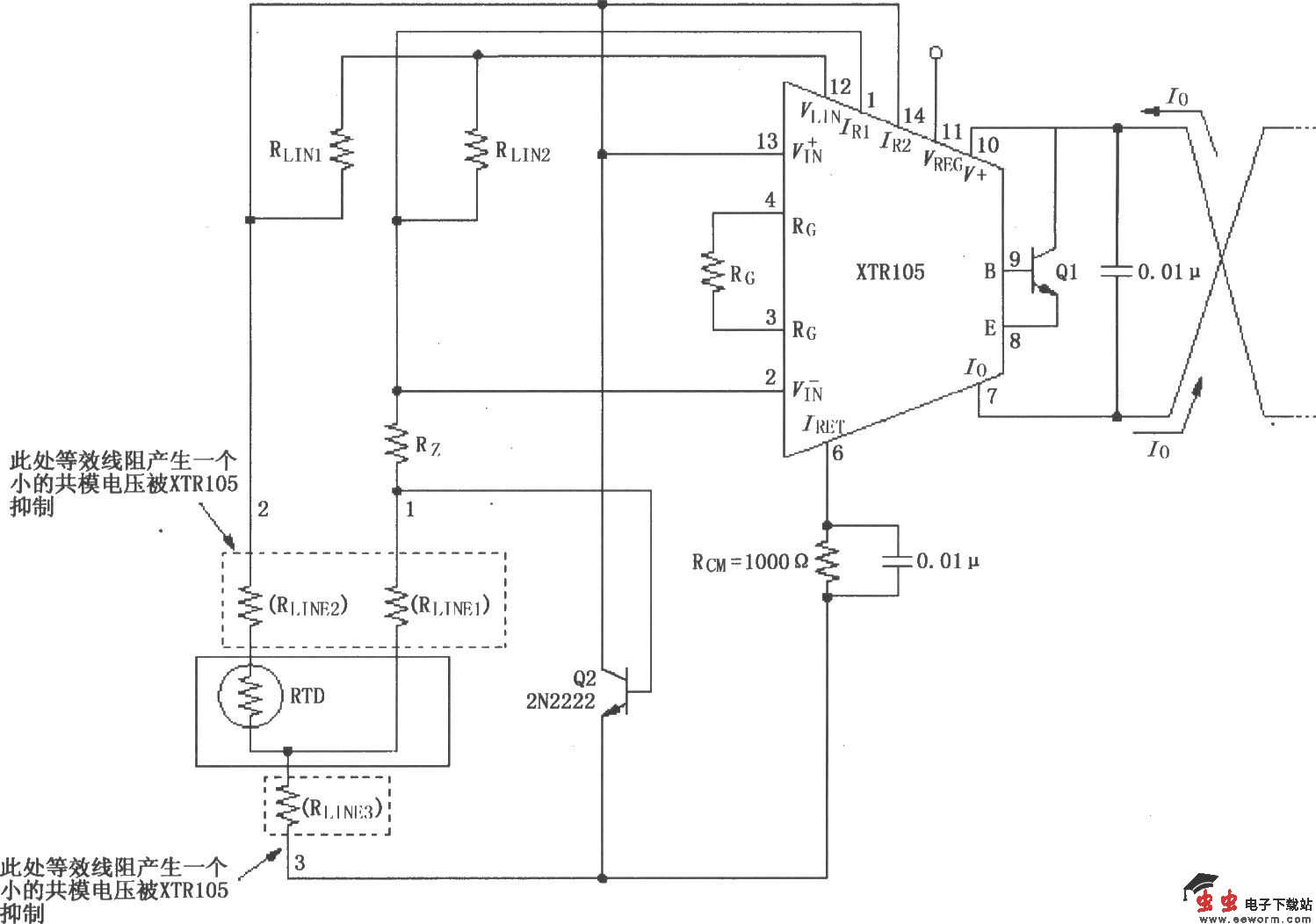 XTR105远程RTDs探测三线连接电路