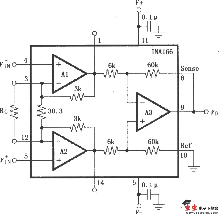 INA166的信号和电源的基本连接电路