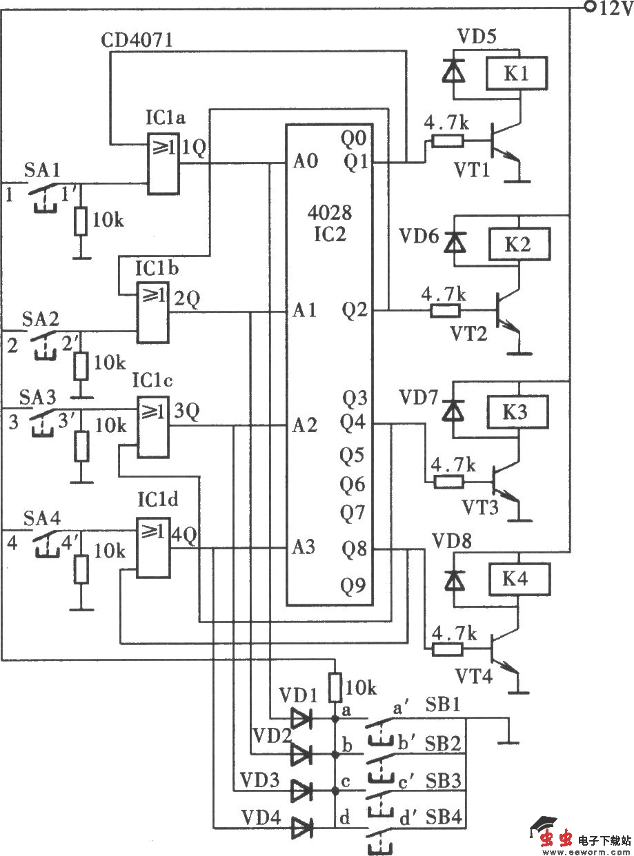 由CD4028组成的楼梯灯控制开关