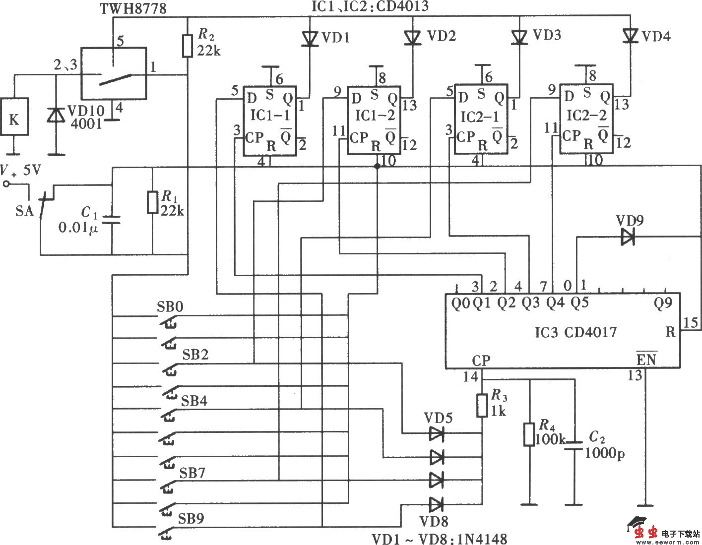 十位数字密码开关(CD4013、CD4017)