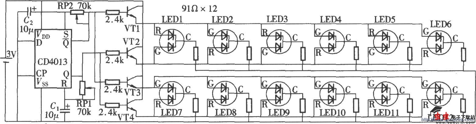 由CD4013组成的自动双色变色灯电路