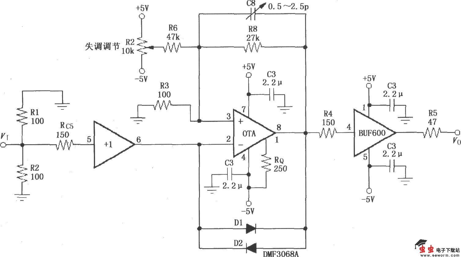 由OPA660(宽带跨导型运算放大和缓冲器)与缓冲放大器BUF600构成的