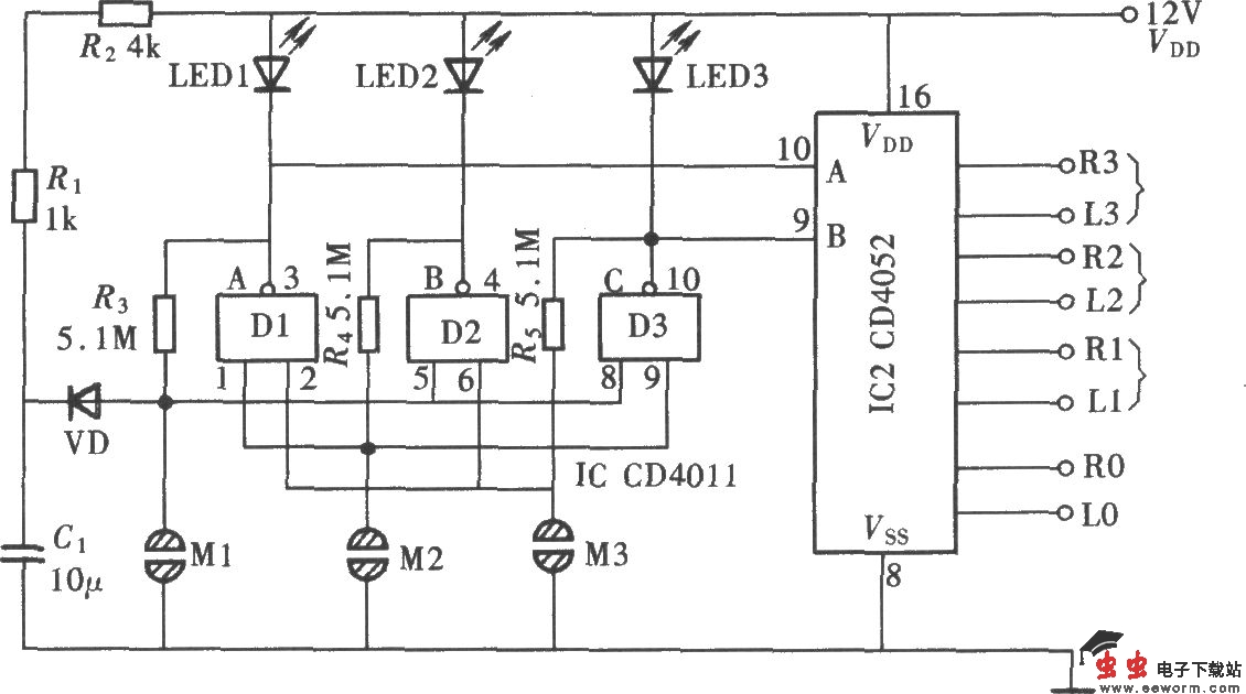由CD4052、CD4011组成的触摸式三路音源切换开关