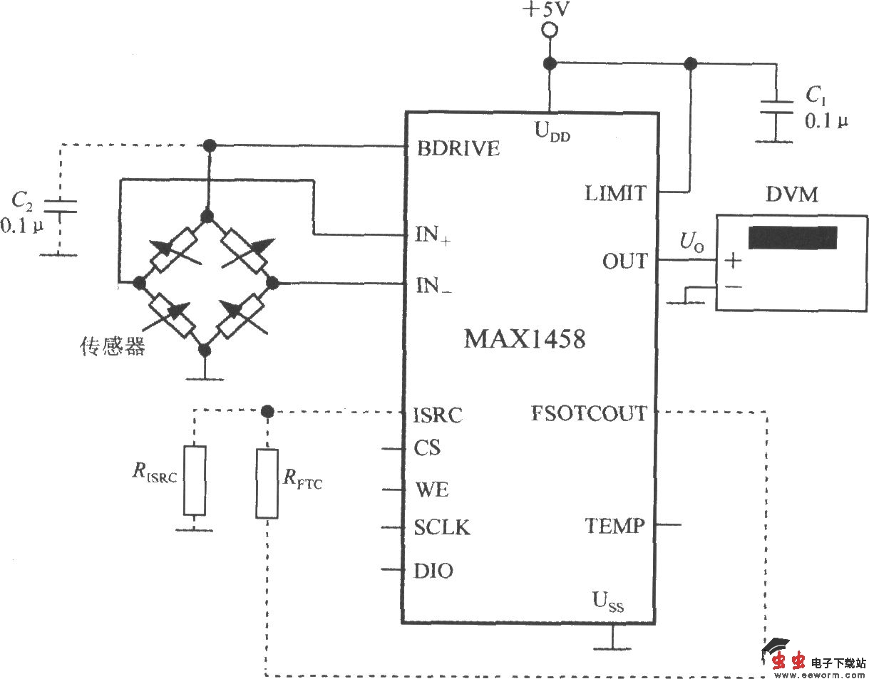 由数字式压力信号调理器MAX1458构成数字式压力测试仪的电路