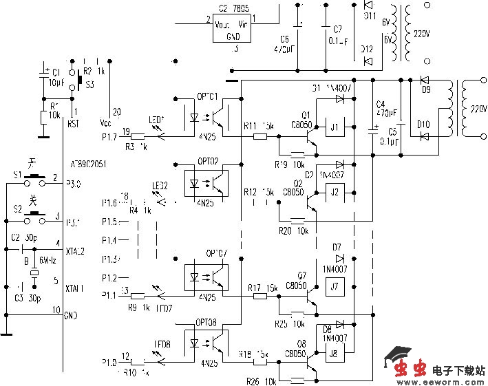 用８９Ｃ２０５１制作八路电热水器顺序延时开关控制