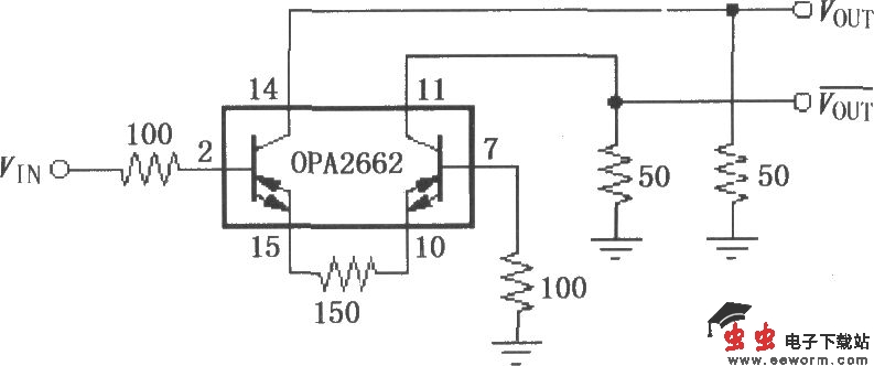由OPA2662构成的单端输入、双端输出差分线驱动器电路