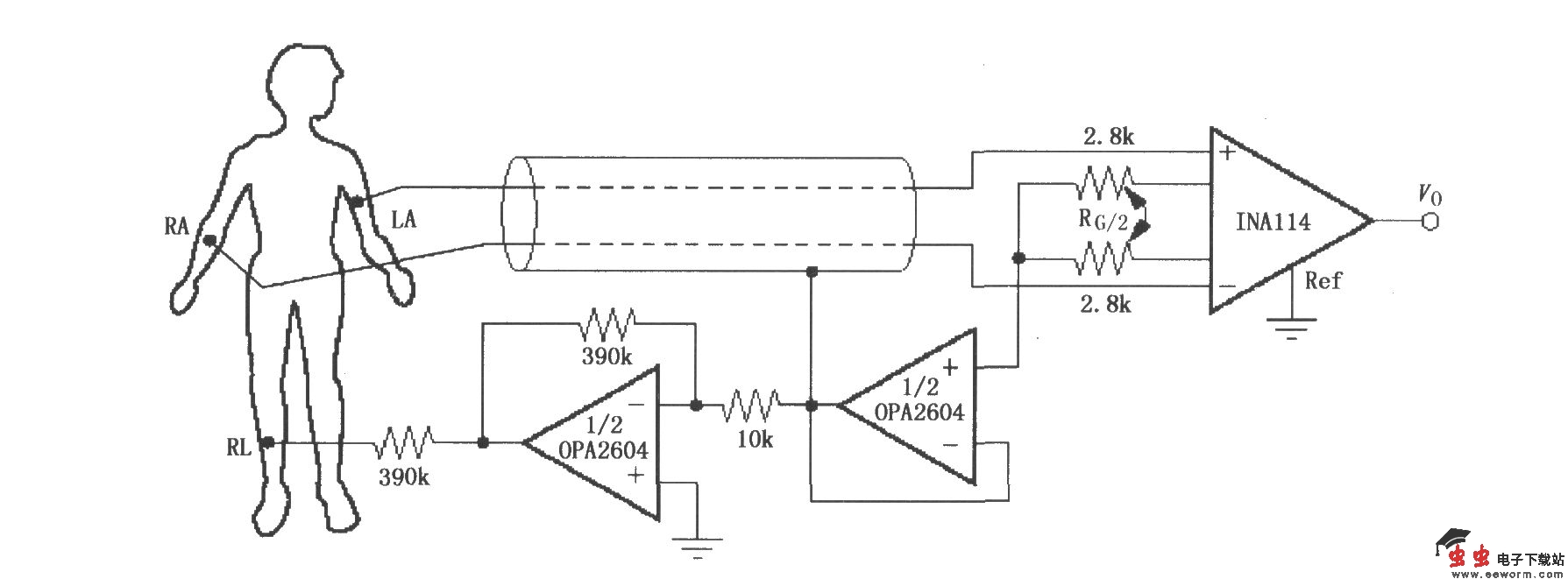 右腿驱动的ECG放大器(INA114)
